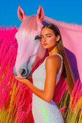 Wall Mural - A woman is posing with a horse in a field of pink flowers