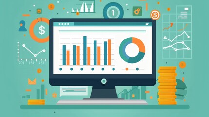 Canvas Print - A digital illustration showing a computer screen with charts, graphs, and financial data, surrounded by icons representing money and growth.