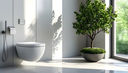 Wall Mural - Elegant modern bathroom with wall-mounted toilet and potted plant basking in natural sunlight, showcasing contemporary design and luxurious decor.