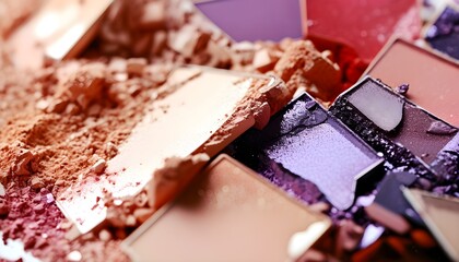 Poster - Textured arrangement of crushed eyeshadow powders in vibrant peach, red, and purple hues, showcasing the artistry of beauty products and makeup creativity.