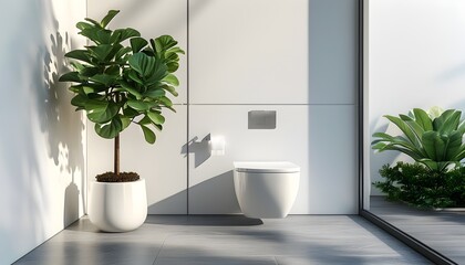 Wall Mural - Elegant modern bathroom with wall-mounted toilet and potted plant basking in natural sunlight, showcasing contemporary design and luxurious decor.