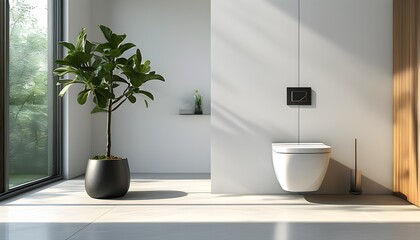 Poster - Elegant modern bathroom with wall-mounted toilet and potted plant basking in natural sunlight, showcasing contemporary design and luxurious decor.