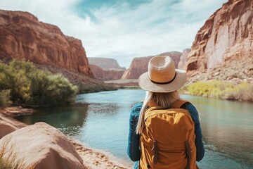 Tourist woman on Glen Canyon on Arizona. Famous hiking place.generative ai