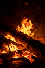 Poster - A campfire burns brightly at night, illuminating the surrounding area with flickering flames and glowing embers