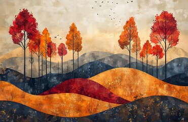 Wall Mural - A whimsical autumn landscape illustration with bold shapes. 