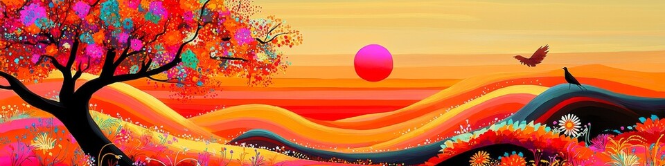Wall Mural - A whimsical autumn landscape illustration with bold shapes. 