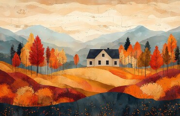 Wall Mural - A whimsical autumn landscape illustration with bold shapes. 
