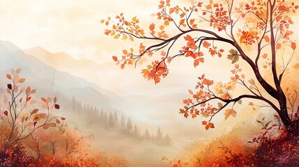 Wall Mural - A whimsical autumn landscape illustration with bold shapes. 