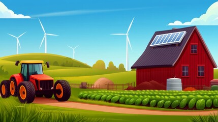 Wall Mural - Eco-friendly farm with wind turbines, solar-powered irrigation, and sustainable agriculture emphasizing green farming methods