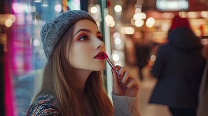 Beautiful girls doing makeup with lipstick looking at store window at mall .generative ai