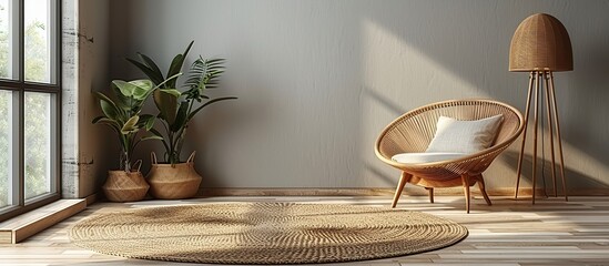 Canvas Print - Cozy Interior Design with a Rattan Chair and a Round Jute Rug