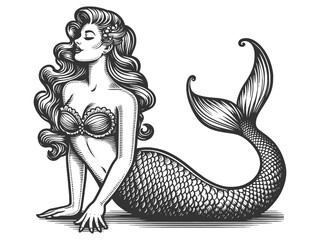 Wall Mural - mermaid, with flowing hair and seashell top, exuding classic retro fantasy charm sketch engraving ge