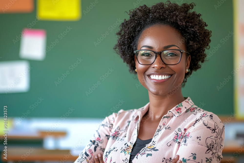Happy, teacher and portrait of black woman in classroom with confidence ...