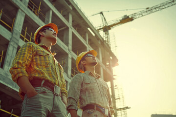 Two Asian engineer working at site of a large building project.