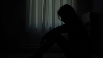 Silhouette of a frustrated woman sitting at home in the dark suffering from depression