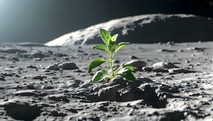 New beginnings: a vibrant green plant breaking through the gray lunar dust, symbolizing hope and the possibility of life in the barren moon landscape.