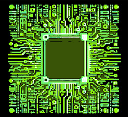 Poster - Pixelated illustration of a computer chip or circuit board, rendered in a dark green color palette. 