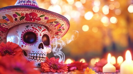 Poster - A skull decorated with face paint and wearing a hat next to candles and flowers for Day of the Dead. 