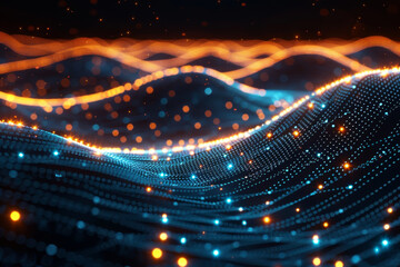 Poster - Luminous wave patterns in hues of orange and blue create a mesmerizing digital landscape, showcasing movement and fluidity against a dark backdrop, evoking a sense of depth and dynamism.