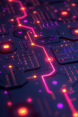 Poster - A vibrant display of neon lights illuminates intricate circuit patterns, creating a visually striking technological artwork. The glowing pathways form captivating designs against a dark backdrop.