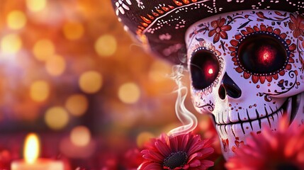 Poster - A skull decorated with face paint and wearing a hat next to candles and flowers for Day of the Dead. 