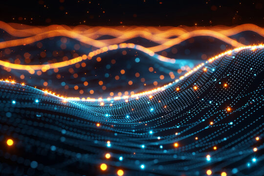 Luminous wave patterns in hues of orange and blue create a mesmerizing digital landscape, showcasing movement and fluidity against a dark backdrop, evoking a sense of depth and dynamism.