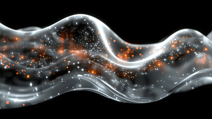 Poster - A flowing abstraction depicts smooth waves of light intertwined with vibrant particles that shimmer. The contrasting dark background enhances the luminous quality of the scene, creating visual depth.