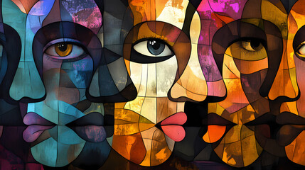 Poster - Abstract faces collage with expressionism and cubism style as background, wallpaper, or art print. generative ai. Expressionism. Illustration