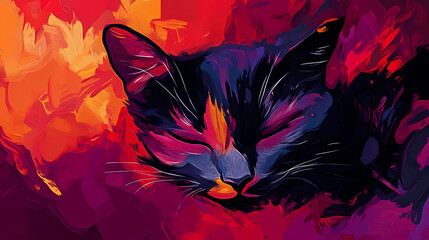 Poster - Abstract illustration of a sad cat in fauvism style, vibrant, bold colors, including black, red, and purple, generative ai. Fauvism. Illustration