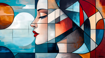 Wall Mural - Abstract painting of a woman in a modern, geometric art, contemporary, and cubism style, ideal for wall art, printing design, and artistic poster. Cubism. Illustration