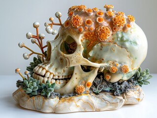 Wall Mural - Ceramic Skull Sculpture with Succulents and Flowers