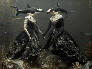 Orca and Shark Hybrid Figures in Elegant Dresses: Surreal Underwater Art