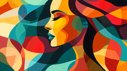 Wall Mural - Beauty, art concept. abstract gouache colorful painting of woman silhouette. colorful minimalist shapes and lines in cubism style. generative ai. Cubism. Illustration
