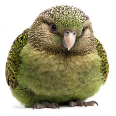 striking kakapo displays its rounded body and lush green plumage, exuding charm and character while sitting serenely against a plain white background.