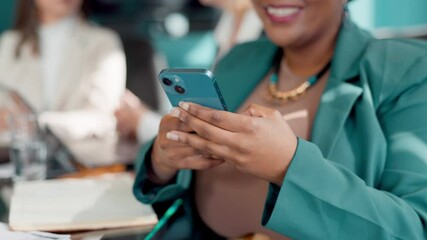 Aufkleber - Hands, phone or businesswoman texting in meeting with online connection for message, social media or chat. Finance consultant, closeup or financial advisor typing on mobile app or web for distraction