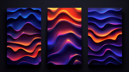 Poster - Three canvases showcase an abstract design featuring flowing waves in vibrant shades of purple, orange, and blue, creating a captivating visual experience with smooth transitions and depth.