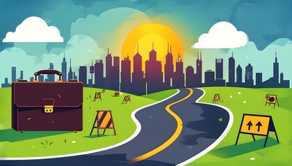 Canvas Print - Navigating the Corporate Journey: A Visual Representation of Challenges, Milestones, and Success in a City Skyline