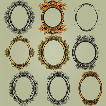 Decorative oval vintage frames and borders set. Victorian and baroque style design. Elegant royal-style frame shapes with swirls for labels,tags and invitations. illustration Vector 
