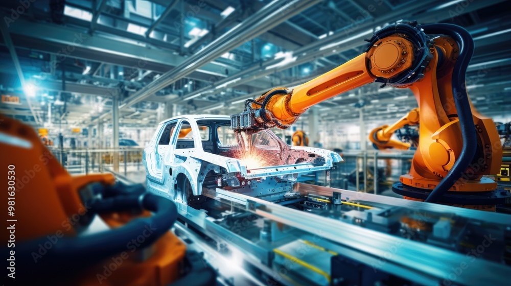 A robotic arm welds a car body on an assembly line in a modern factory ...