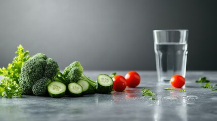 Broccoli, cherry tomatoes and sliced cucumber next to a glass of water on a neutral background. Emphasis on healthy eating and hydration balance. The concept of diabetes awareness and prevention. AI.