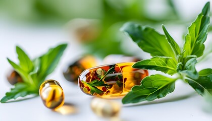 Nature-based herbal medicine capsules highlighting organic plant extracts for alternative health solutions on a clean white background