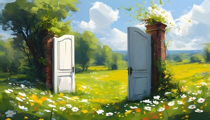 Wall Mural - Wide-open white doors in a vibrant spring flower field symbolize new beginnings and endless possibilities.