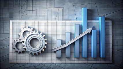 a blueprint featuring large gears and rising bar graphs, symbolizing growth and progress. The design should have a mechanical, industrial aesthetic with cool tones of blue and metallic accents.