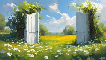 Wall Mural - Wide-open white doors in a vibrant spring flower field symbolize new beginnings and endless possibilities.