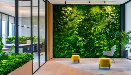 Canvas Print - Vibrant modern office interior featuring a lush green living wall, showcasing sustainable design and a nature-friendly company ethos