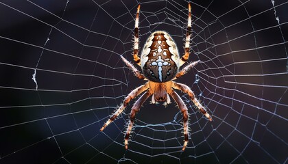 spider hanging on web with black background
