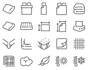 Simple set of vector line icons, borders with bed linen. Contains such icons as blanket, single and double bed, weather conditions. Editable stroke. 