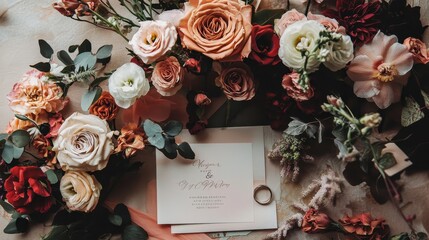 Elegant Floral Arrangement with Invitation and Wedding Rings