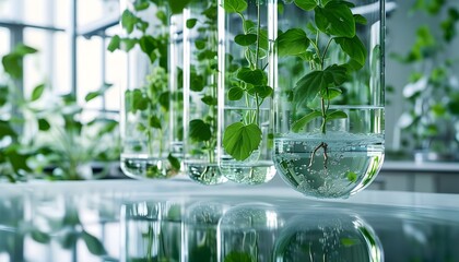 Wall Mural - Suspended green plants in clear water on a minimalistic laboratory surface