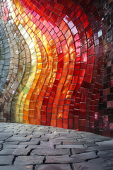 Poster - A stunning wave-patterned mosaic wall features a blend of red, orange, and yellow tiles, creating a warm atmosphere against a backdrop of textured cobblestones.